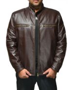 Model in Salvador leather jacket featuring rich brown tone and vintage details