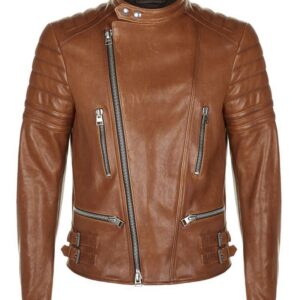 Scott brown leather biker jacket with front zip closure and vintage finish