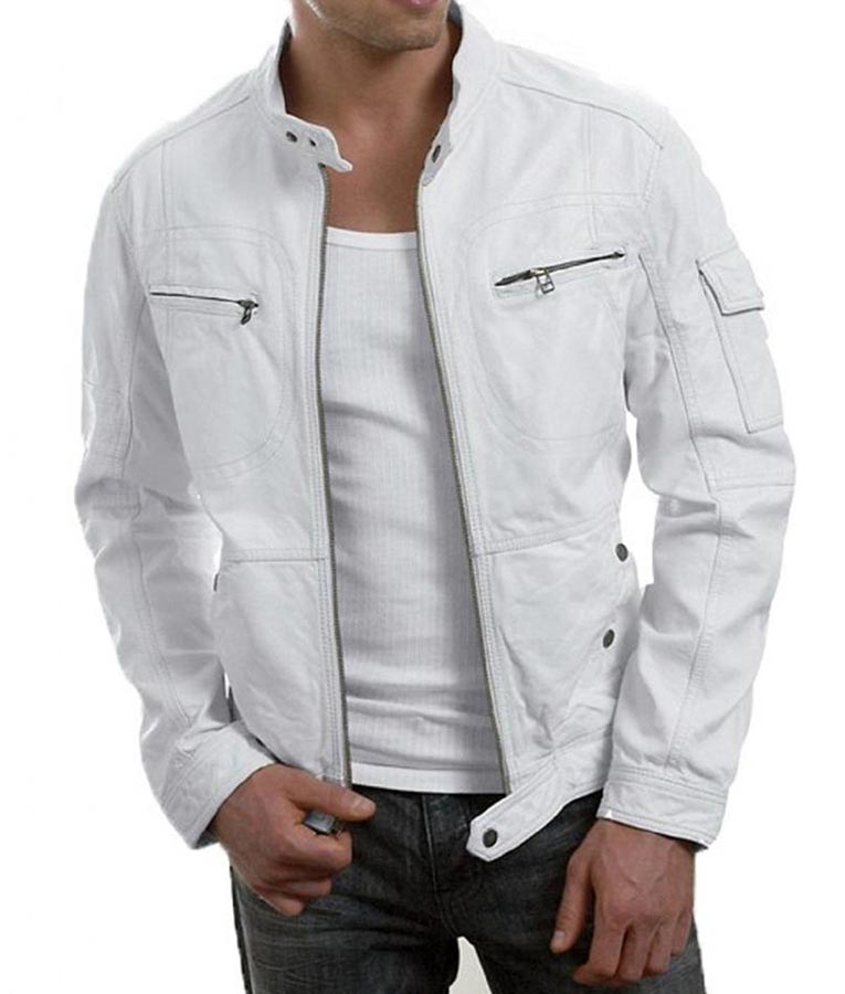 Front view of slimfit white biker leather jacket with tailored modern fit Front view of slimfit white biker leather jacket with tailored modern fit