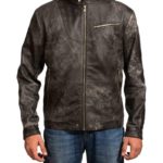 Model wearing Greg Finley black leather jacket with futuristic series appeal