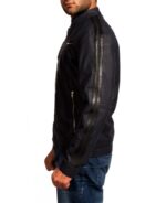 Side view of Greg Finley leather jacket with modern cut and sci-fi edge