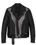Front view of studded black leather jacket with silver spikes and zippers