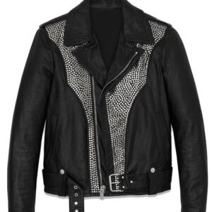 Front view of studded black leather jacket with silver spikes and zippers