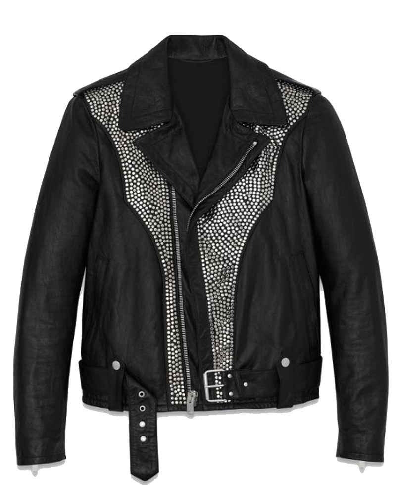Front view of studded black leather jacket with silver spikes and zippers Front view of studded black leather jacket with silver spikes and zippers