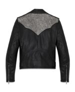 Back of premium leather texture and stud placement on black biker jacket