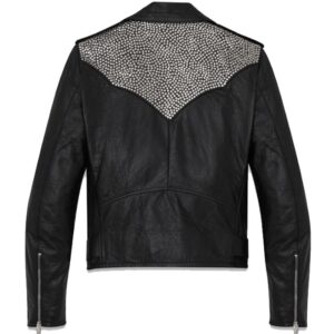 Back of premium leather texture and stud placement on black biker jacket