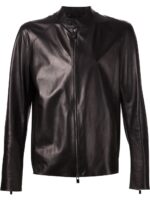 Front view of Suave classic black leather jacket with clean minimalist design
