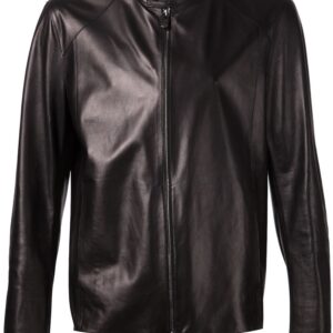 Front view of Suave classic black leather jacket with clean minimalist design