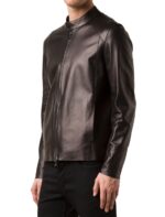 Timeless black leather jacket with sharp lines and stylish collar details