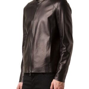 Timeless black leather jacket with sharp lines and stylish collar details