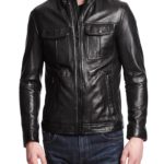 Swagger black leather biker jacket with asymmetrical zip and rugged finish