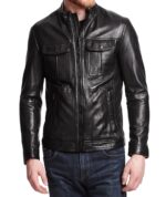 Swagger black leather biker jacket with asymmetrical zip and rugged finish