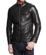 Model wearing Swagger biker jacket showing front view and bold collar design