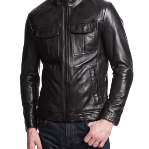 Model wearing Swagger biker jacket showing front view and bold collar design