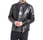 Front view of Swank High black leather jacket with polished finish and designer fit