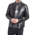 Front view of Swank High black leather jacket with polished finish and designer fit