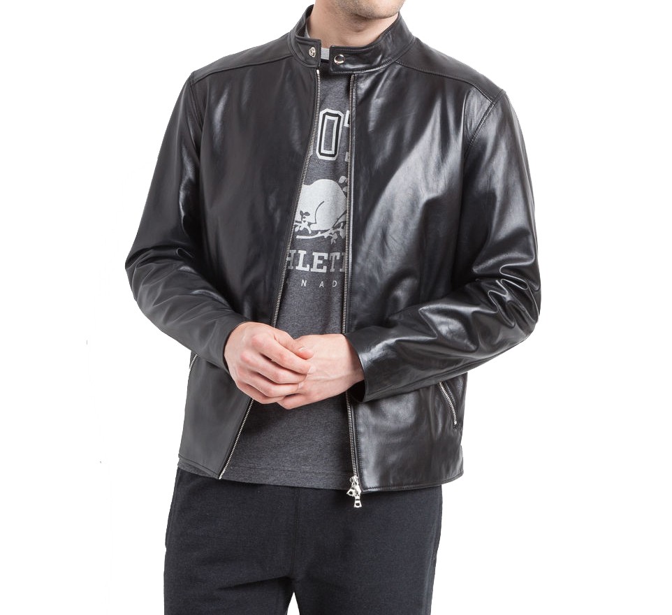 Swank High Black Leather Jacket (1) Front view of Swank High black leather jacket with polished finish and designer fit