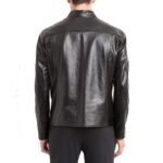 Luxe black leather jacket featuring bold shoulders and high-fashion appeal