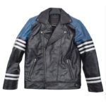 Front view of Taylor black leather biker jacket with sleek lapel and zip details
