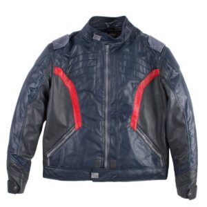 Team Player black leather jacket with front zipper and fitted athletic cut
