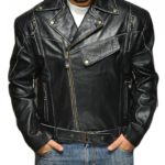 Front view of Terminator Arnold Schwarzenegger leather jacket with zipper detailing