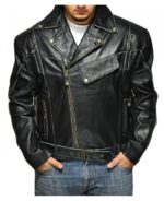 Front view of Terminator Arnold Schwarzenegger leather jacket with zipper detailing