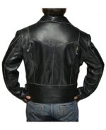 Back of real leather texture and metal zippers on Schwarzenegger’s iconic jacket