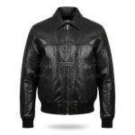 Front View of George Harrison Black Leather Jacket featuring a classic shirt-style collar, ribbed cuffs, and a sleek front zipper closure.