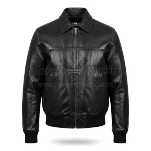 Front View of George Harrison Black Leather Jacket featuring a classic shirt-style collar, ribbed cuffs, and a sleek front zipper closure.