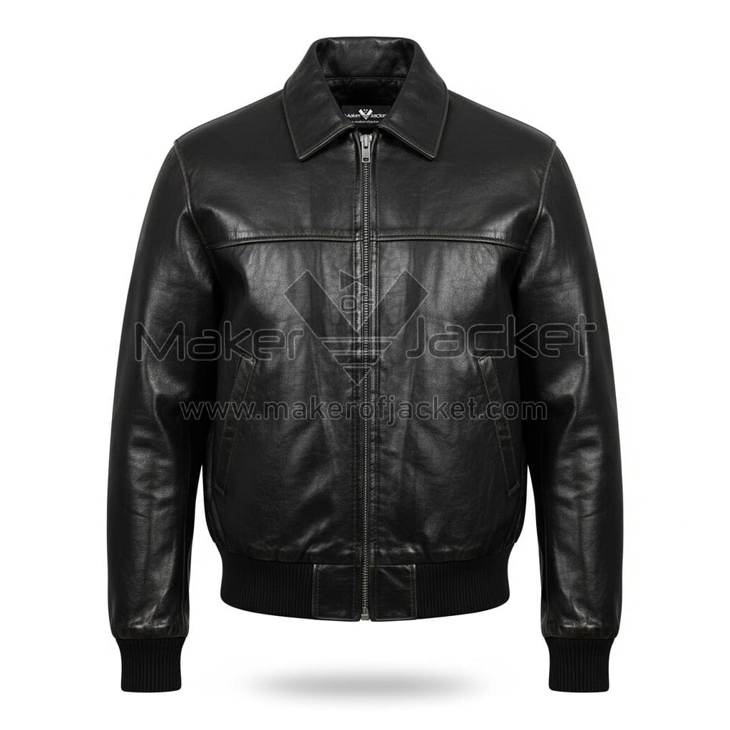 The-Beatles-George-Harrison-Black-Bomber-Leather-Jacket-1 Front View of George Harrison Black Leather Jacket featuring a classic shirt-style collar, ribbed cuffs, and a sleek front zipper closure.