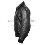 Left Side View of George Harrison Black Leather Jacket featuring with leather finish and Zipper pockets rib knitted details.