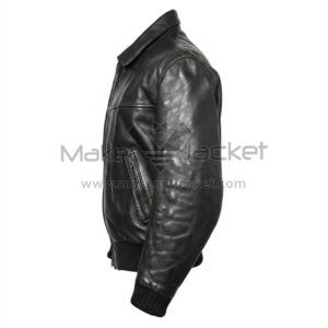 Left Side View of George Harrison Black Leather Jacket featuring with leather finish and Zipper pockets rib knitted details.