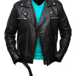 Front view of The Walking Dead Negan black leather jacket with classic asymmetrical zip