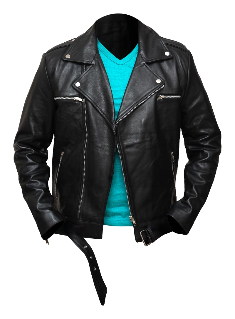 Front view of The Walking Dead Negan black leather jacket with classic asymmetrical zip Front view of The Walking Dead Negan black leather jacket with classic asymmetrical zip