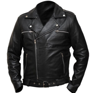Replica Negan leather jacket from The Walking Dead featuring belted waist and lapel collar