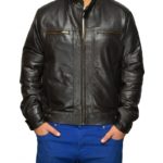 Titan classic black leather jacket with front zip, collar, and rugged details