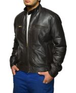 Side profile of Titan classic biker-style jacket with sleek hardware finish