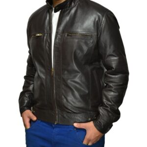 Side profile of Titan classic biker-style jacket with sleek hardware finish