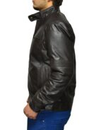 Close-up of black leather texture and stitching on Titan classic jacket