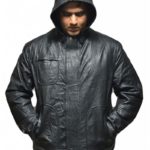 Front view of Ethan Hunt style black leather jacket with sleek detailing