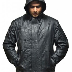 Front view of Ethan Hunt style black leather jacket with sleek detailing