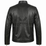 Back View of Tony Stark Iron Man Black Leather Jacket featuring a pointed collar, a central zipper, and four front flap pockets.