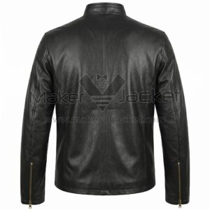 Back View of Tony Stark Iron Man Black Leather Jacket featuring a pointed collar, a central zipper, and four front flap pockets.