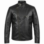 Front View of Tony Stark Iron Man Black Leather Jacket featuring an asymmetrical front zipper, a stand-up collar with brass snap buttons, and three zippered pockets.
