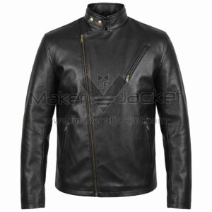 Front View of Tony Stark Iron Man Black Leather Jacket featuring an asymmetrical front zipper, a stand-up collar with brass snap buttons, and three zippered pockets.