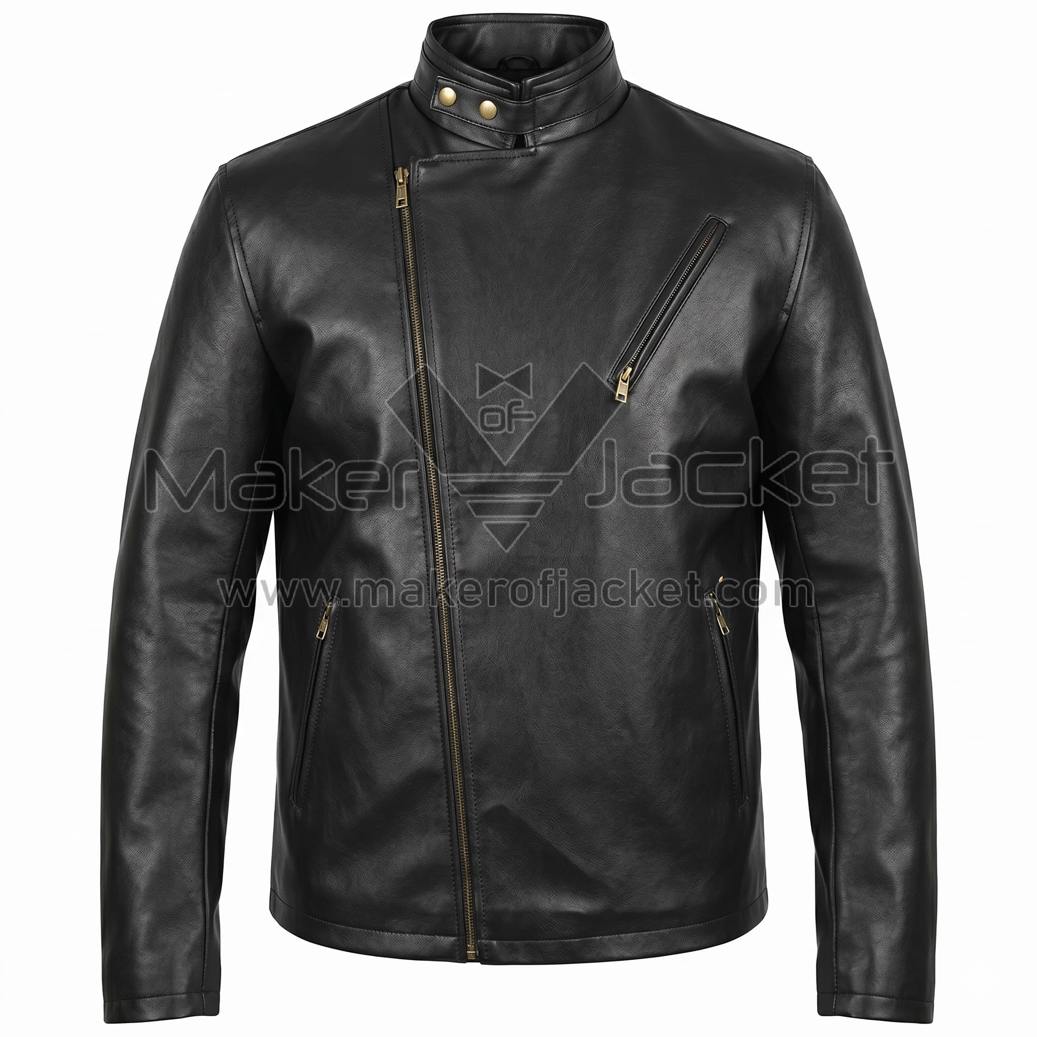 Tony Stark Iron Man Black Leather Jacket Front Front View of Tony Stark Iron Man Black Leather Jacket featuring an asymmetrical front zipper, a stand-up collar with brass snap buttons, and three zippered pockets.