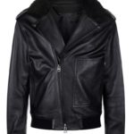 Front view of top black leather biker jacket with classic lapel and zippers