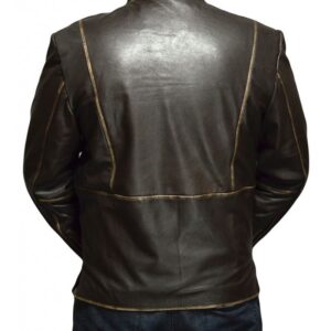 Back view of Tron Legacy-inspired black leather jacket with light-up detailing
