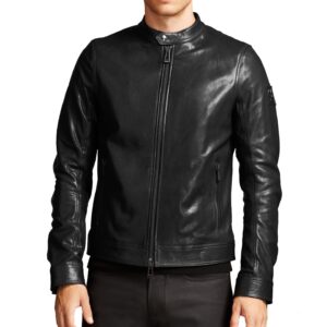 Truman black leather jacket with front zip and rugged stitching detail
