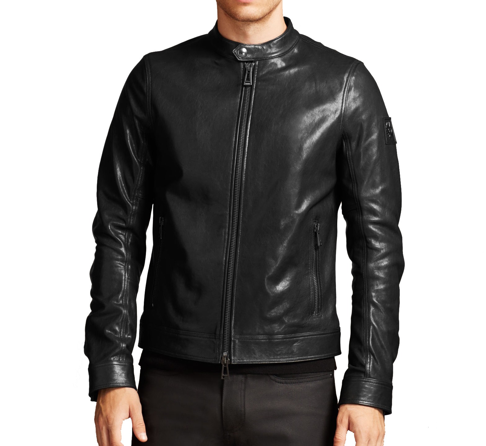 Truman black leather jacket with front zip and rugged stitching detail Truman black leather jacket with front zip and rugged stitching detail